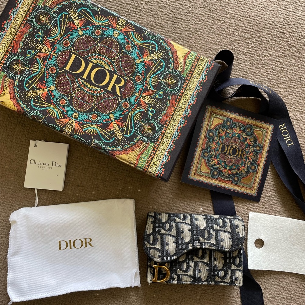 Dior saddle flap card holder blue
